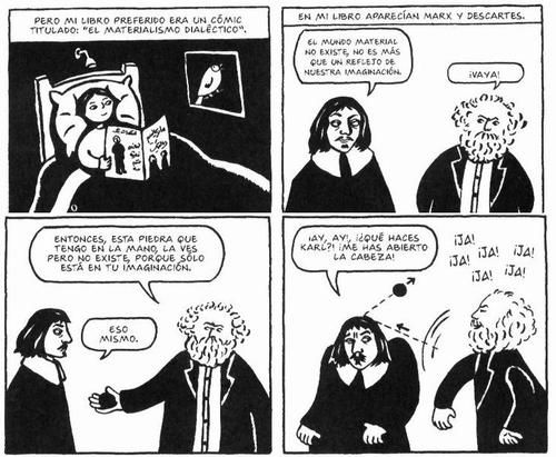 Comic of Marx throwing Rock at Descartes to disprove pure reason, in Spanish